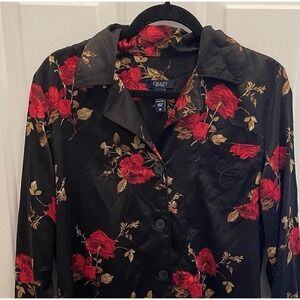 Chaps Black Floral Satin Pajama Top Womens‎ M Sleep Comfy Cozy Lounge Old Money